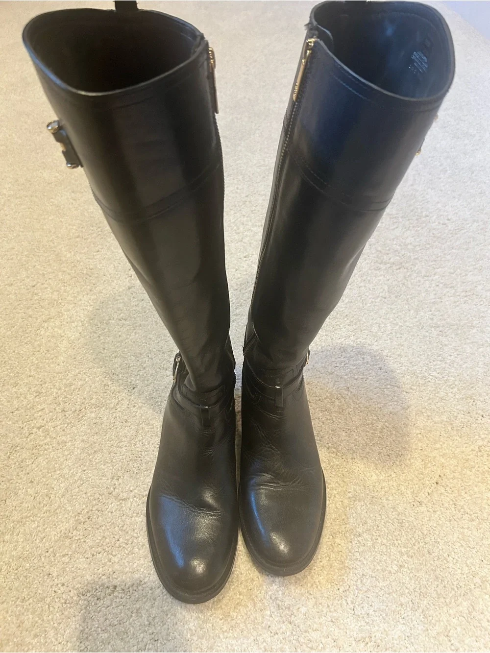 Tory Burch Black Leather Tall Riding Boots with Gold Logo